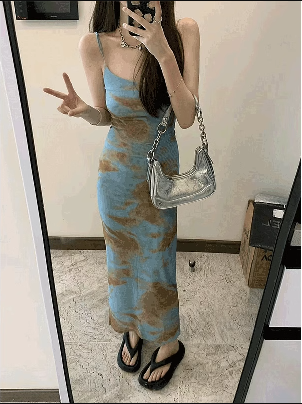 Blue Floral Suspender Dress Sexy Party Dress  YM1768