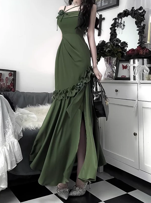 Pretty Mermaid Green Long Ruffles Prom Dress YM1625