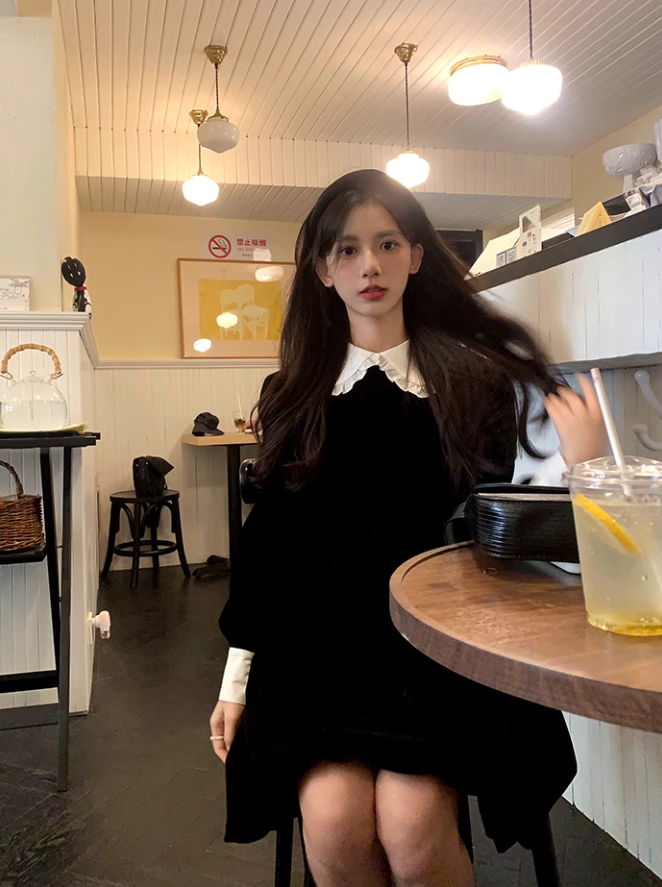 Chic Velvet Long Sleeve Dress For Women Black Short Dress YM1748