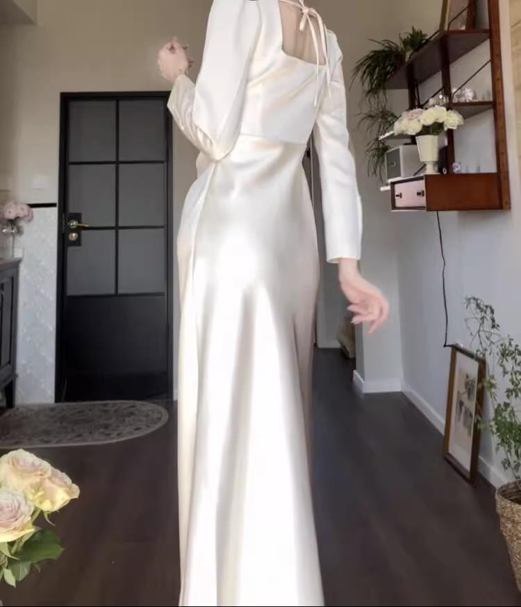 Elegant White Slit Prom Dress Women's Long Sleeve Birthday Dress YM1696