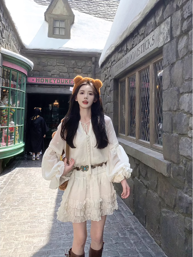 Vintage Lantern Sleeve Dress Short Ruffles Dress YM1738