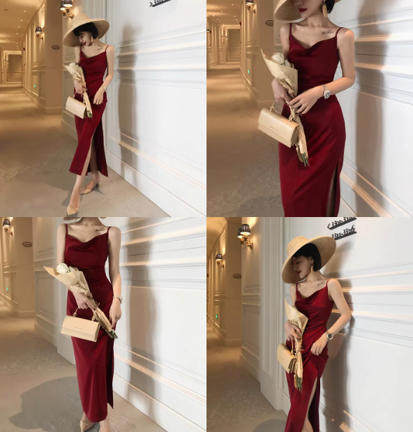 Burgundy sheath sexy spaghetti straps prom dress long party dress YM1952