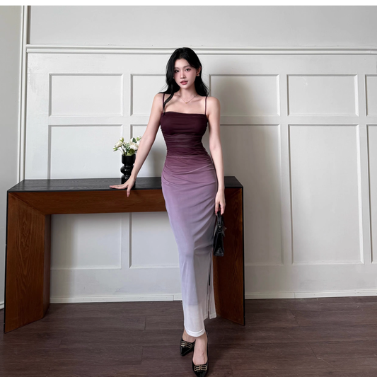 Pretty Ombre Purple Spaghetti Straps Sheath Long Party Dress Holiday Dress YM2242