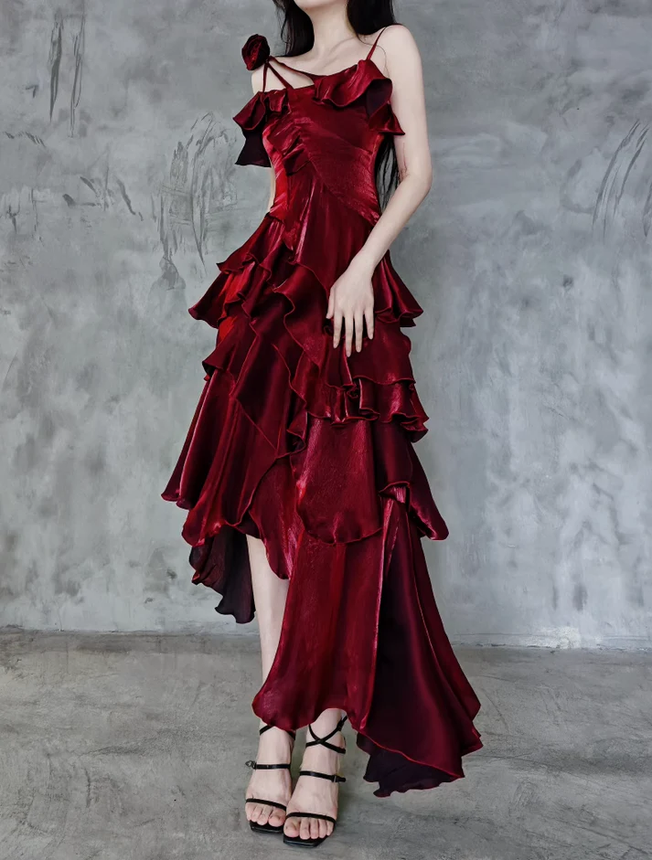Irregular Ruffled Suspender Prom Dress Burgundy Long Birthday Dress YM1630