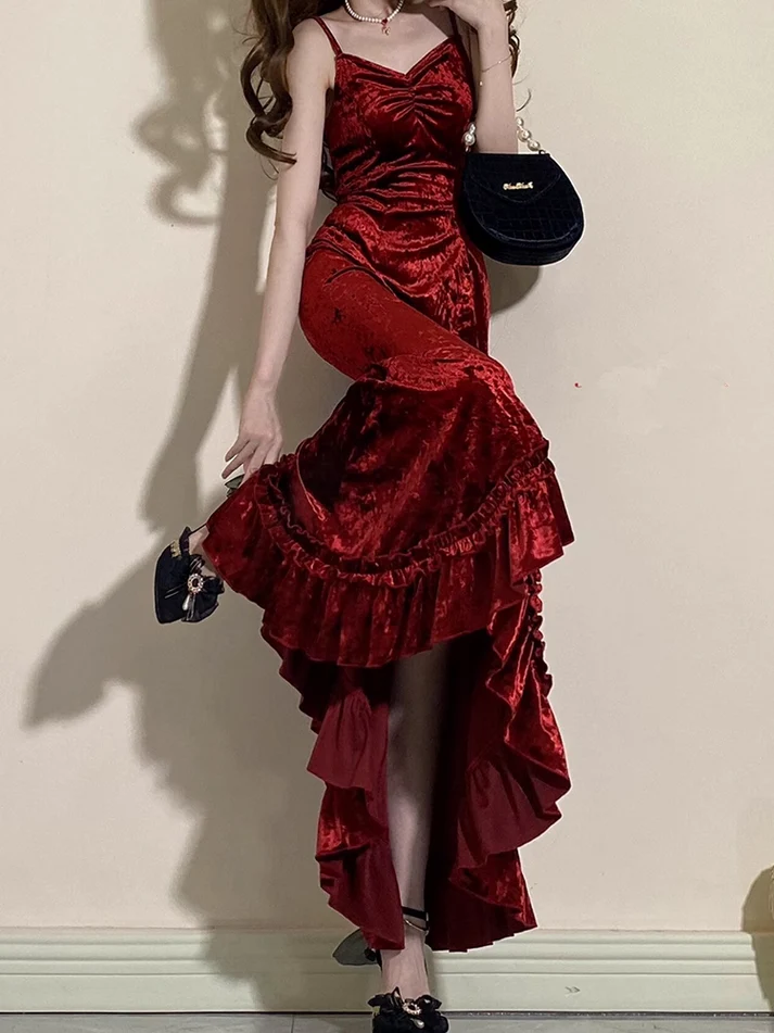 Vintage Mermaid Irregular Ruffled Burgundy Birthday Party Dress YM1603