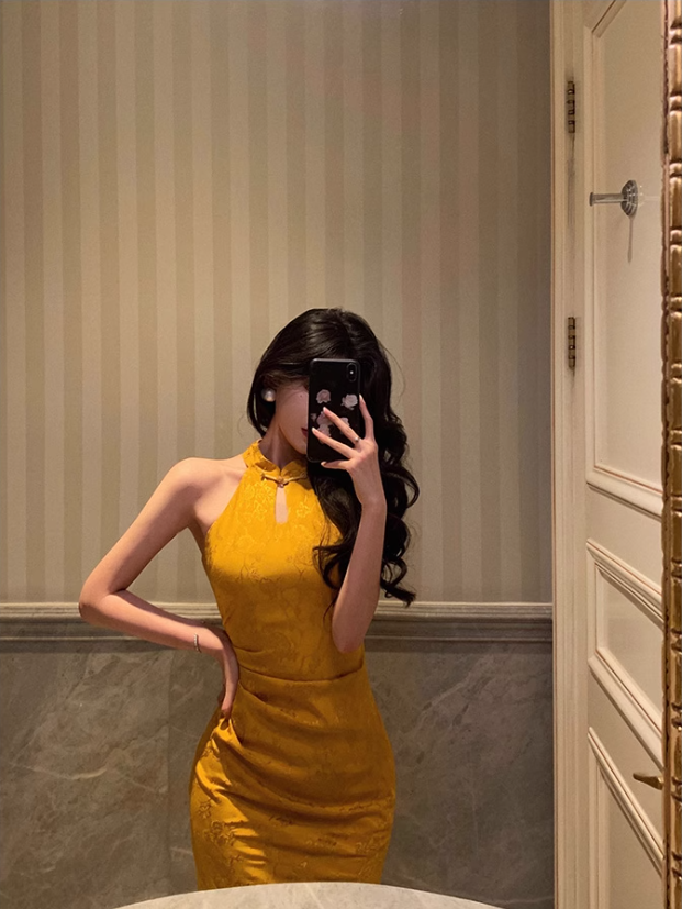 Sexy Gold Halter Neck Print Floral Slit Party Dress YM1671