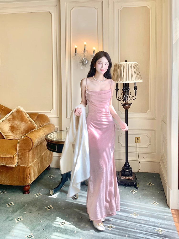 Luxury Suspender Evening Dress Shiny Pink Slit Party Dress YM1700