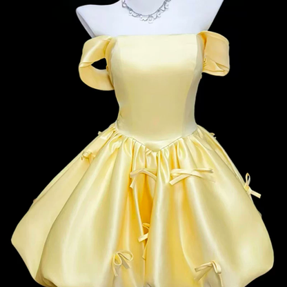Cute Yellow Off The Shoulder Satin A Line Short Birthday Dress Vacation Dress YM2458