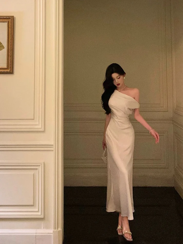 French One Shoulder White Prom Dress Evening Dress YM1606