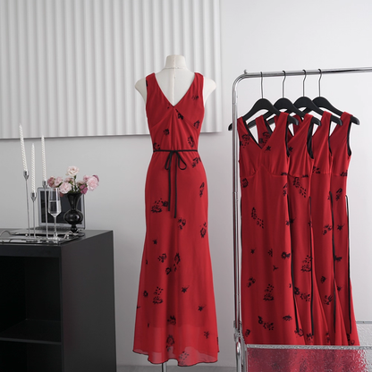 Retro Red V-neck Suspender Holiday Dress Long Birthday Dress YM2317
