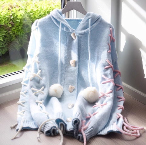 Cute Blue Hooded Sweater Jacket Autumn And Winter New Sweet Mid-length Knitted Cardigan YM2367