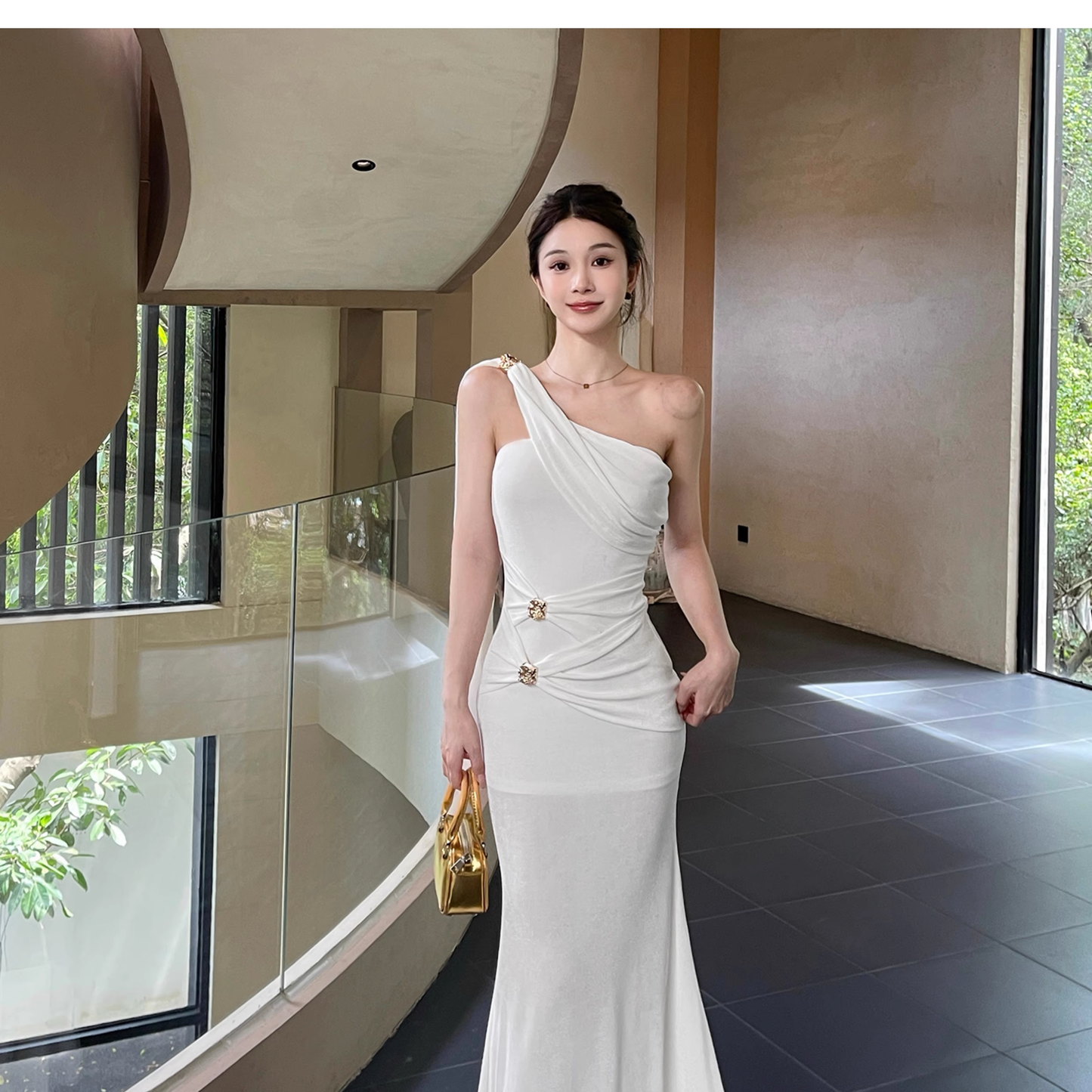 Classy White One Shoulder Sheath Long Birthday Dress Holiday Dress YM2269