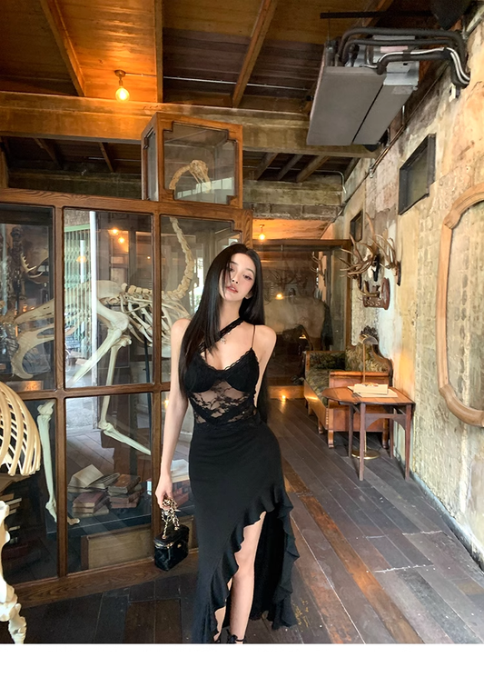 Black Lace Panelled Spaghetti Straps Slit Party Dress  YM2001