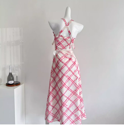 Red White Grid French A Line Vacation Dress Birthday Dress YM2081