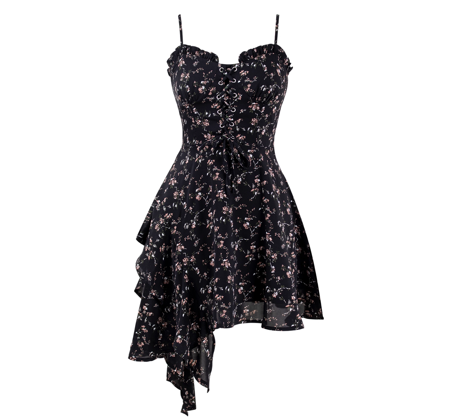 Black Irregular Floral Suspender Dress Hot Girl Short Dress YM2309