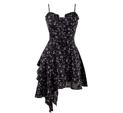 Black Irregular Floral Suspender Dress Hot Girl Short Dress YM2309
