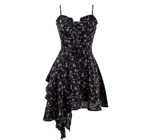 Black Irregular Floral Suspender Dress Hot Girl Short Dress YM2309