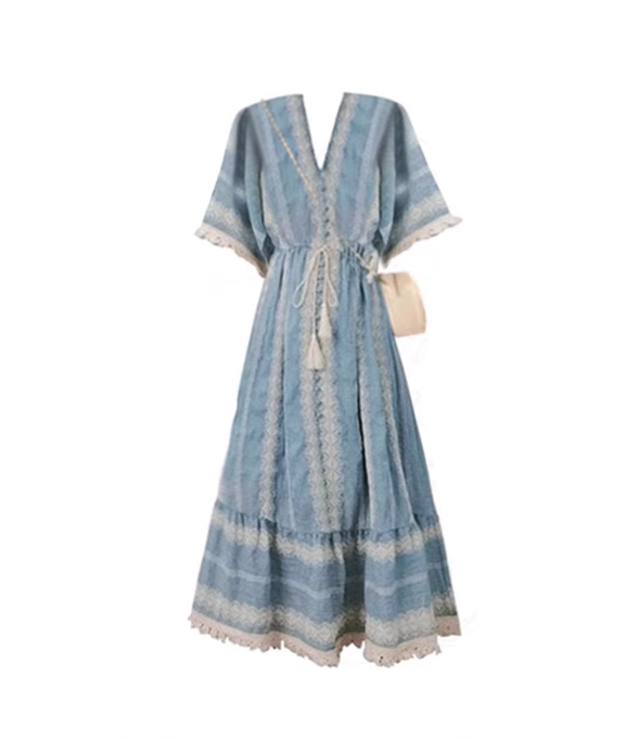 Bohemian Holiday Style Dress Blue V-neck Embroidered Beach Long Dress YM2313