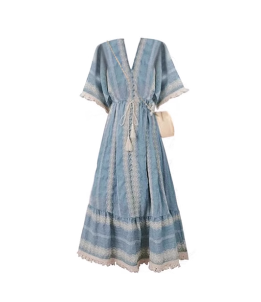 Bohemian Holiday Style Dress Blue V-neck Embroidered Beach Long Dress YM2313