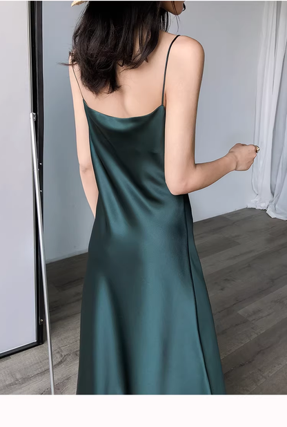 Elegant Dark Green Spaghetti Straps Satin Long Party Dress Holiday Dress YM2437