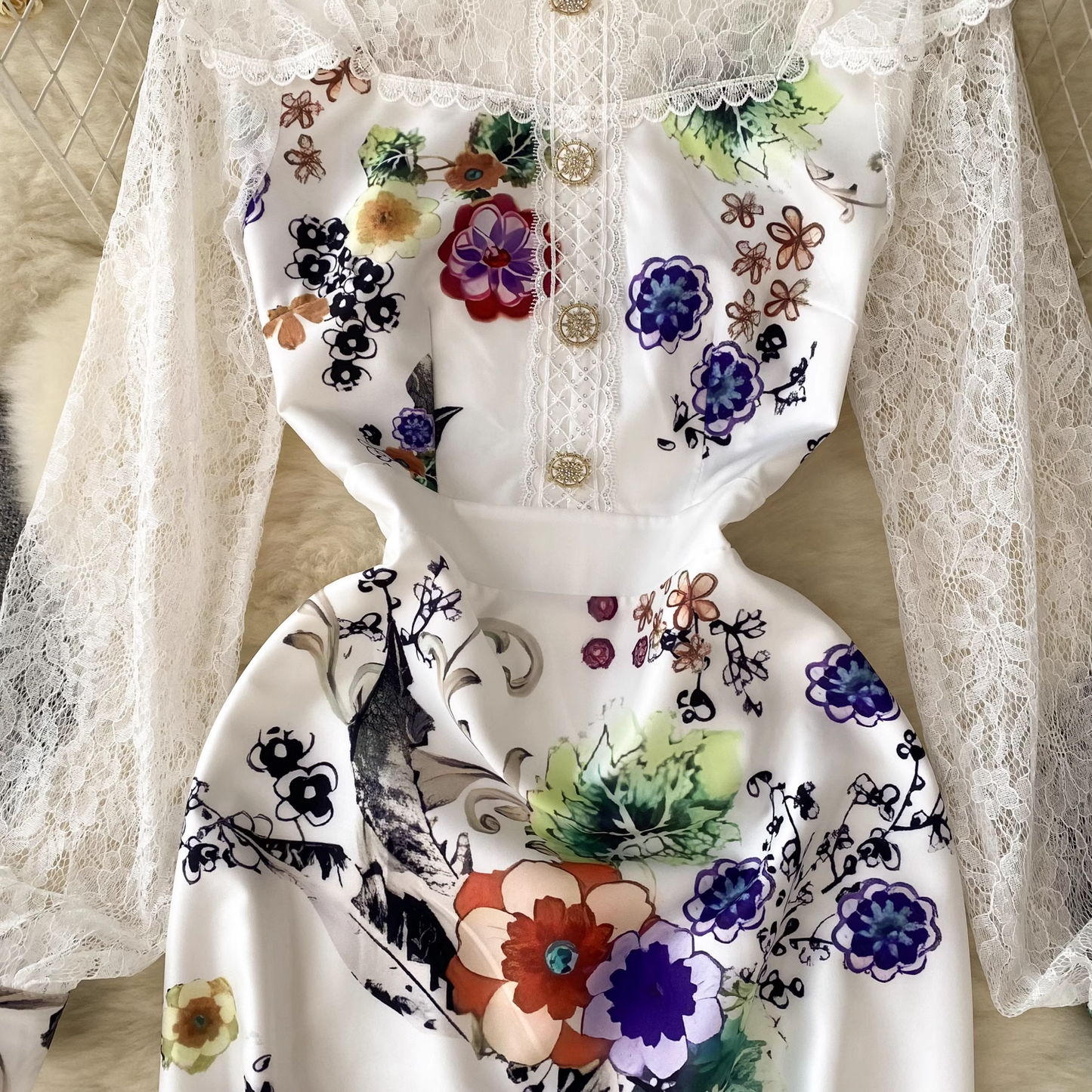 Elegant lace mosaic printed summer dress for women,YM156