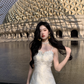 Elegant Spaghetti Straps Jacquard Prom Dress Tulle Satin Party Dress YM2052