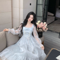 Blue French Square Neck Long Dress Fairy Glossy  Party Dress Prom Dress YM2028