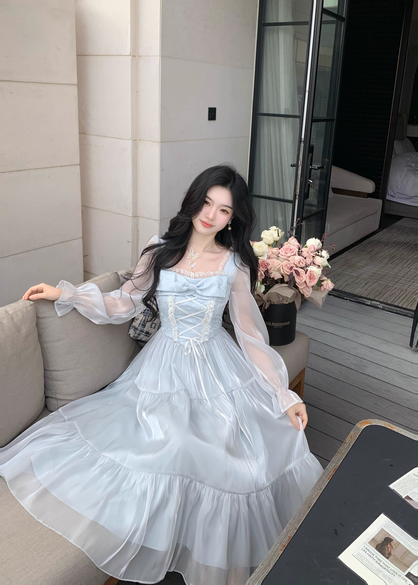 Blue French Square Neck Long Dress Fairy Glossy  Party Dress Prom Dress YM2028