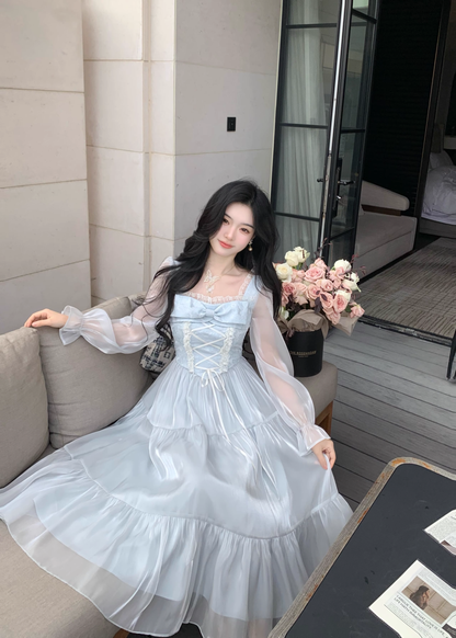 Blue French Square Neck Long Dress Fairy Glossy  Party Dress Prom Dress YM2028