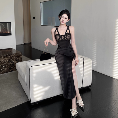 Black Sexy Lace Stitching Suspender Holiday Dress Long Birthday Dress YM2228