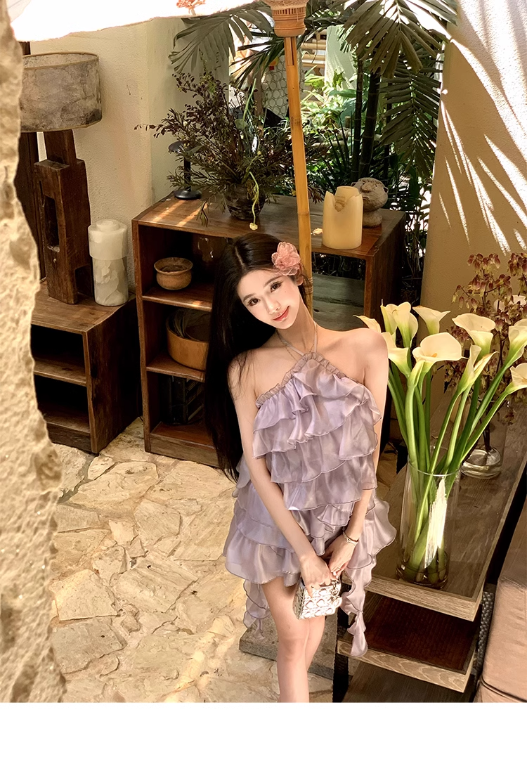 Purple Halter Neck Ruffle Layered Short Party Dress YM2010