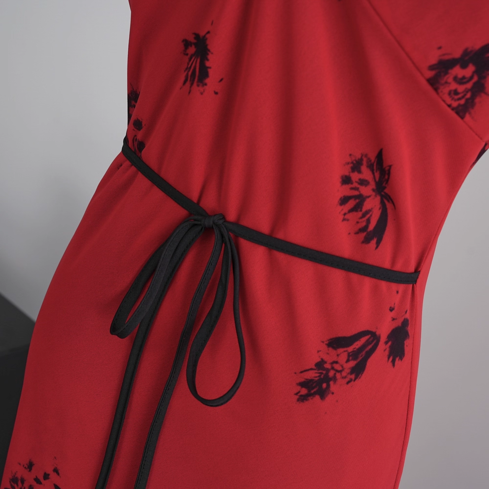 Retro Red V-neck Suspender Holiday Dress Long Birthday Dress YM2317