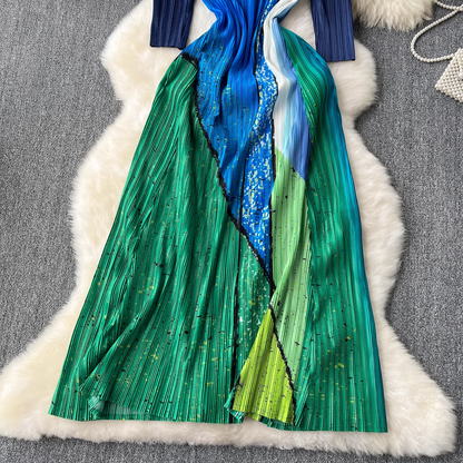 Fashionable color block pleated casual dress YM1085
