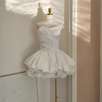 Classy White 3D Flower Pleated Mini Party Dress Strapless Birthday Dress YM2097