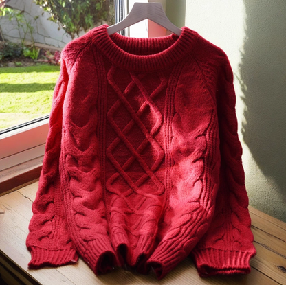 White Thick Cable Pullover Sweater Round Neck Long Sleeve Knitted Sweater YM2380