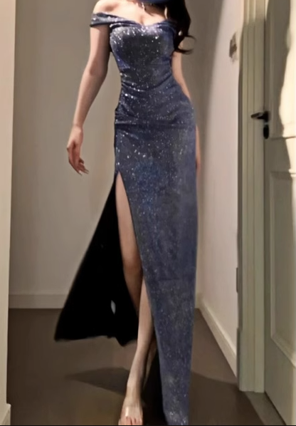 Sparkly Blue Off The Shoulder High Slit Holiday Dress Long Birthday Dress Party Dress YM2247