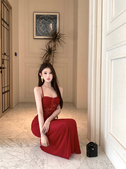 Sexy Red Lace Straps Party Dress Birthday Dress YM2171