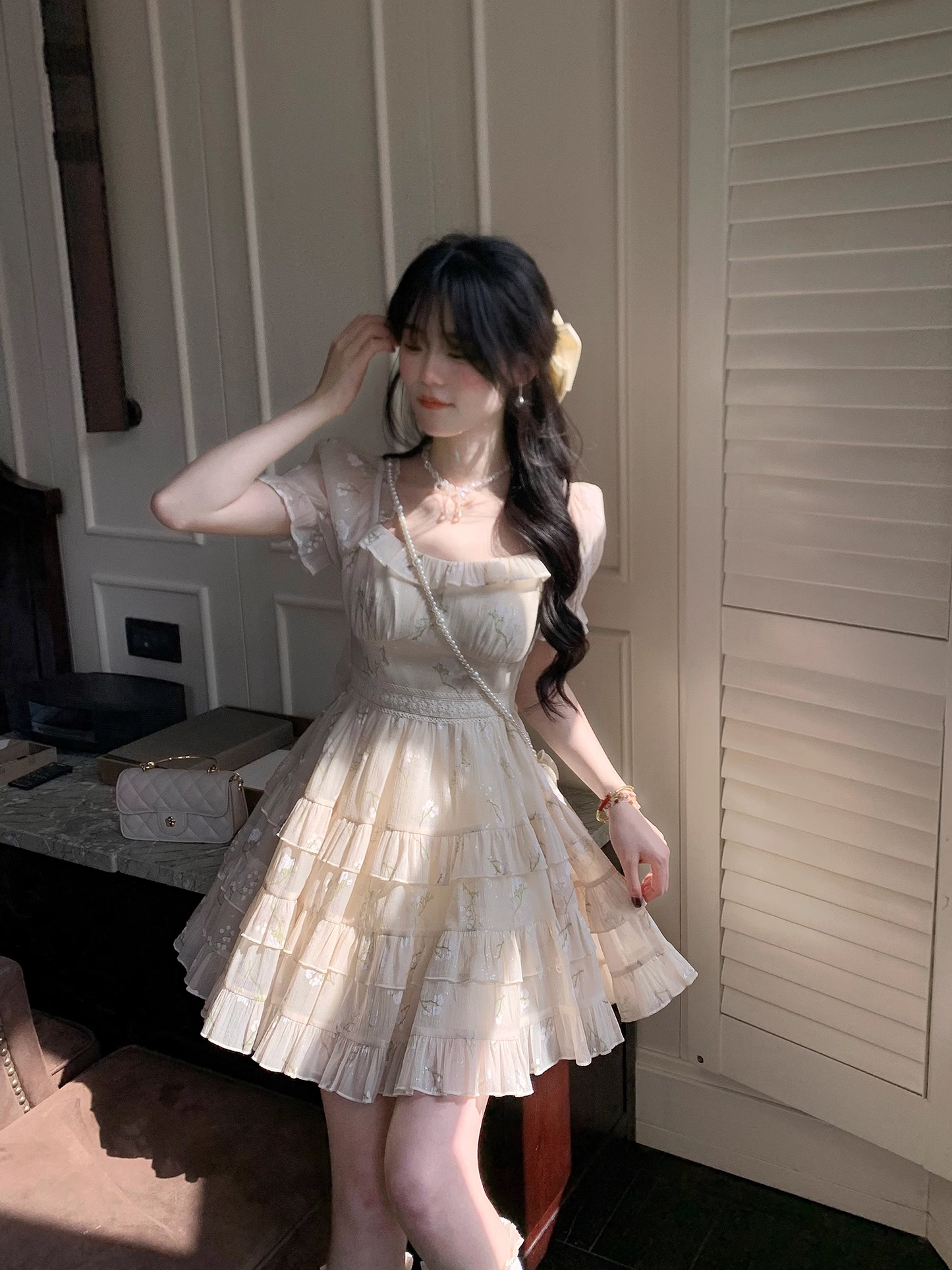 Sweet And Gentle Bow Print Gold-Stamped Cake Tutu Dress Birthday Party Dress YM2048