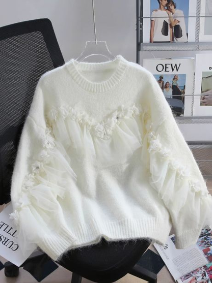 White niche mesh splicing sweet sweater  YM1934