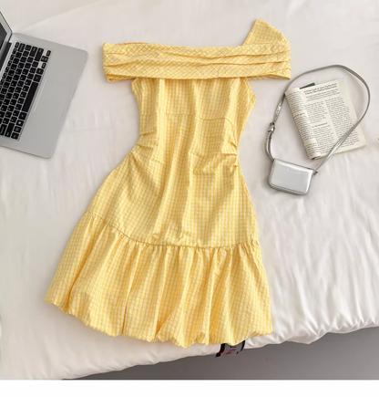 Yellow Off-shoulder Sweet Petite Short Flower Bud A-Line Dress YM2095