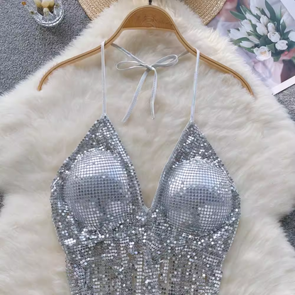 Women's sequined halter top with tassels,YM29