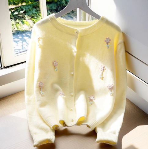 Sweet Short Sweater Jacket New Style Pink Outer Long-Sleeved Knitted Cardigan YM2360