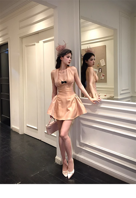 Orange Pink halter V Neck A Line Birthday Prom Dress Mini Party Dress YM2016
