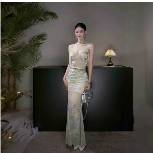 New Chinese Style Green Suspender Two-piece Summer Mermaid Holiday Dress Vacation Dress YM2263