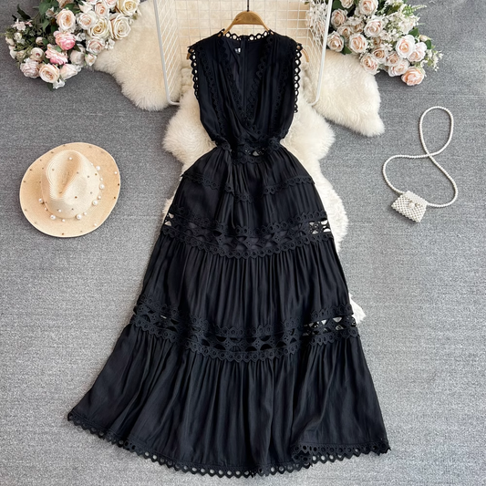 Retro palace style hollow sexy embroidered V-neck sleeveless ruffle dress  YM302