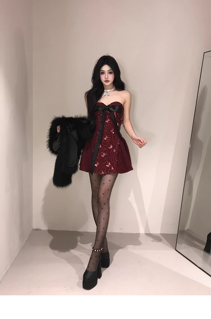 Classy Burgundy Strapless A Line Mini Party Dress Homecoming Dress YM2014