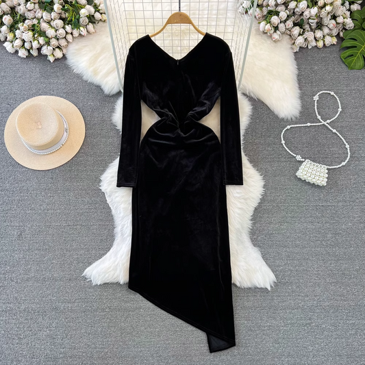 Long-sleeved V-neck pleated waist mid-length irregular slit velvet dress  YM811