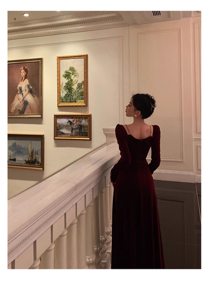 Red Velvet Dress Vintage Long Prom Dress YM1663