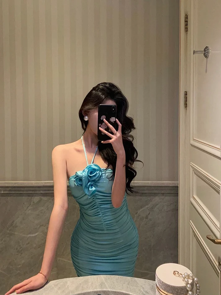 Chic Sheath Halter Blue Prom Dress Party Dress YM1708