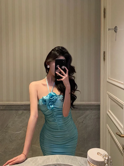Chic Sheath Halter Blue Prom Dress Party Dress YM1708